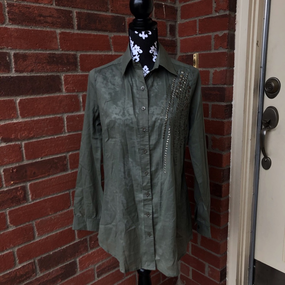 Feline Military Green Long Sleeve Blouse